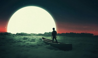 сюреализм луна над облаками лодка парень облака