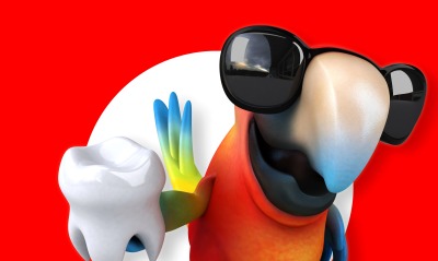 Попугай, красный, зуб, юмор, 3D графика
