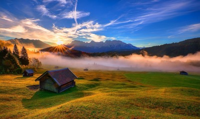поляна степь дома закат небо горы