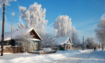 зима деревня иней снег
