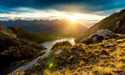 Новая Зеландия река солнце небо