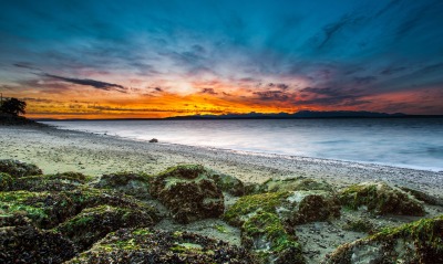 природа море небо закат камни побережье