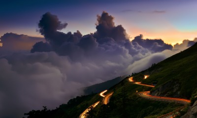 природа облака гора высота дорога ночь