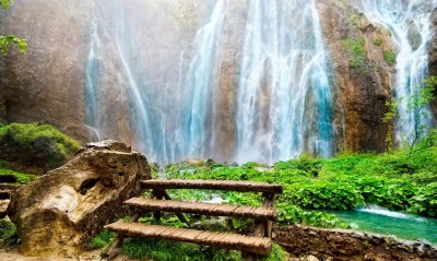 природа водопад лестница трава