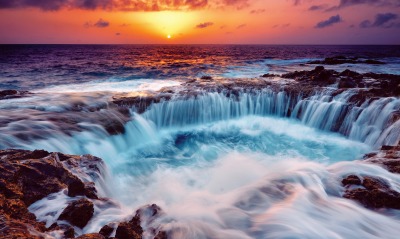 природа водопад море горизонт солнце