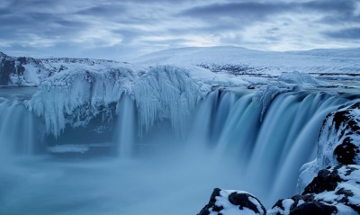природа водопад снег небо облака зима
