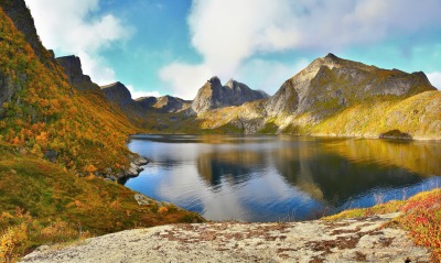природа озеро горы скалы отражение облака