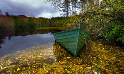природа озеро лодка листья осень деревья