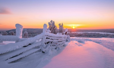 забор снег зима закат the fence snow winter sunset