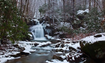 водопад снег лес waterfall snow forest