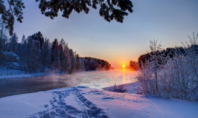 снег зима закат река snow winter sunset river
