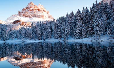 природа озеро отражение деревья скалы горы
