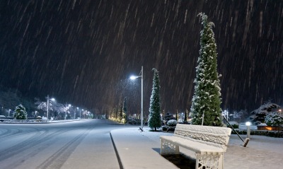 дорога ночь фонари лавка снег зима