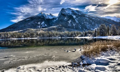 горы озеро снег зима