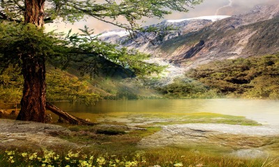 природа скалы горы деревья озеро