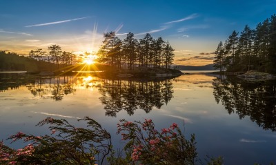 природа солнце небо озеро деревья
