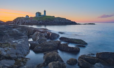 камни остров море маяк горизонт сумерки вечер