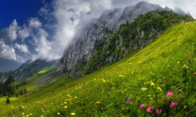 склон весна гора облака трава швейцария
