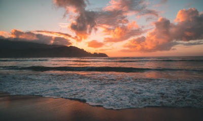 берег закат прибой пляж облака