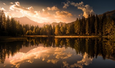 озеро штиль лес на закате