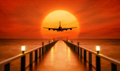 самолет море солнце мост