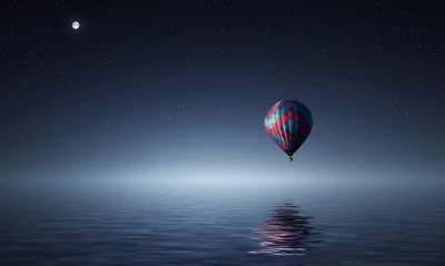 воздушный шар над водой небо звезды