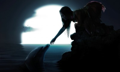 Девушка с дельфином на фоне луны
