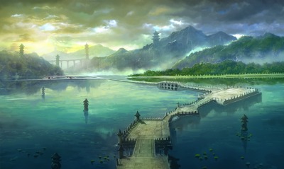 Мост вода горы небо рисунок