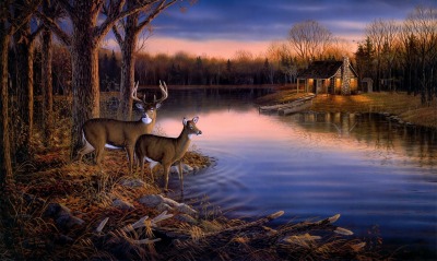 фехверк картина олени река пейзаж