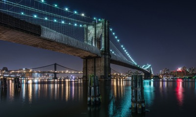 страны архитектура Бруклинский мост река ночь США Нью-Йорк