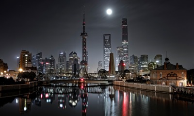 огни Китай мост ночь город Шанхай