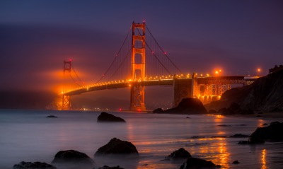 мост огни река вечер