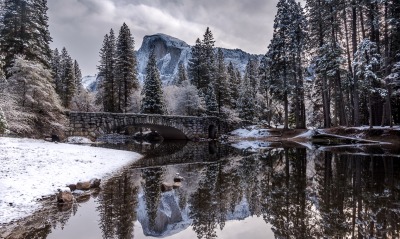 мостик зима снег речка