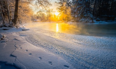 зима рассвет река снег