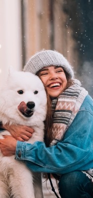 зима девушка собака улица снег