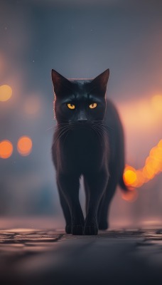 кот черный улица фонари брусчатка ночь