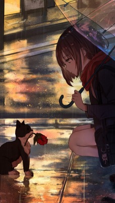 девочка котенок зонт аниме