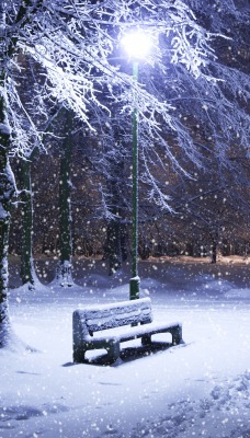 Снег парк лавочка фонарь