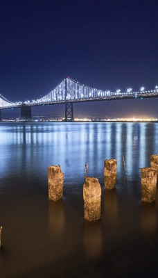мост свечение огни ночь река