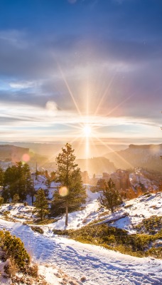 лучи солнце зима горы