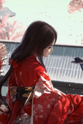 кимоно девушка зонт цветы