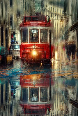 Трамвай размытость дождь