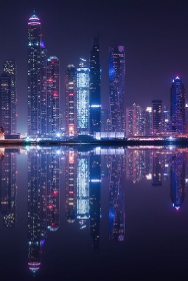 панорама эмираты небоскребы город огни отражение оаэ