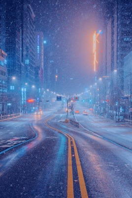зима город снег улица здания фонари