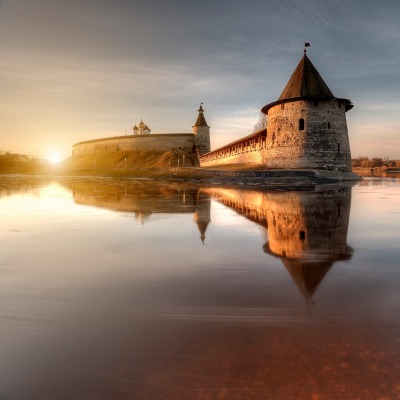 замок озеро закат крепость средневековье