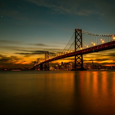 мост река город вечер закат