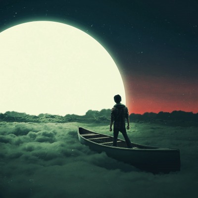 сюреализм луна над облаками лодка парень облака
