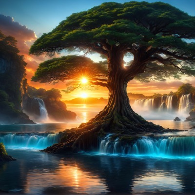 дерево водопад фентези рассвет