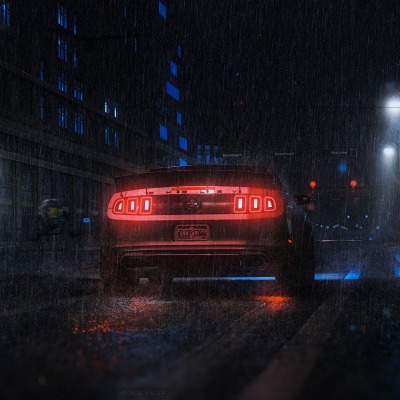автомобиль мустанг форд фары вид сзади дождь город