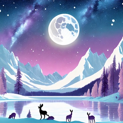 зима природа олени рисунок луна горы снег минимализм